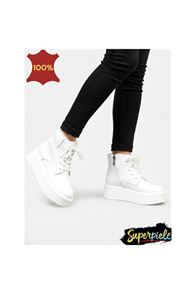 virboti Women's white fur-lined casual leather boots with thick sole