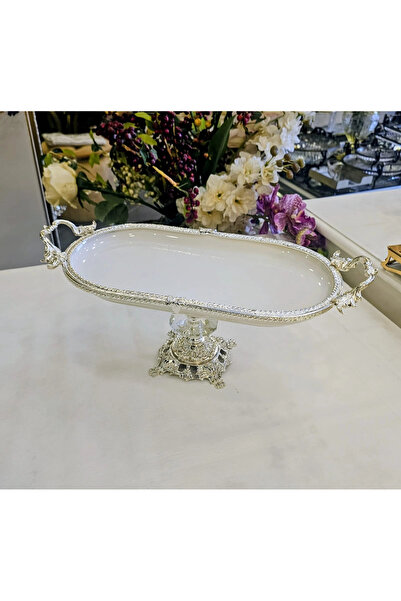 MaviDamla Cast Edge Frameded Footed Porcelain Presentation Plate 30*16 Silver