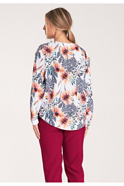 Figl Women's summer shirt - V-neck T-shirt - M1070 white with flowers size XL