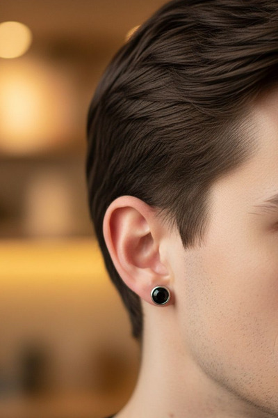 Jaida Moda Unisex Large Black Stone Magnet Non-Pierced Steel Earrings