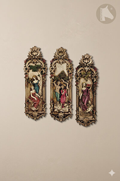 Dekoromi 3'lü Dekoratif Vintage Kabartmalı Duvar Panosu - Ev Dekorasyon Biblo Heykel Tablo Çerçeve (45x14 cm)