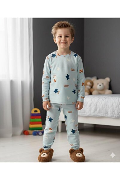 Yağmur Giyim İsob Blue Star Patterned Interlock 100% Cotton Boys Pajama Set 3-13 Years 42006