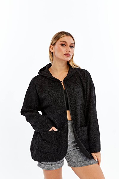 MADE BY ALİSHA SİYAH KAPŞONLU BUKLET MEVSİMLİK- MONT/KABAN