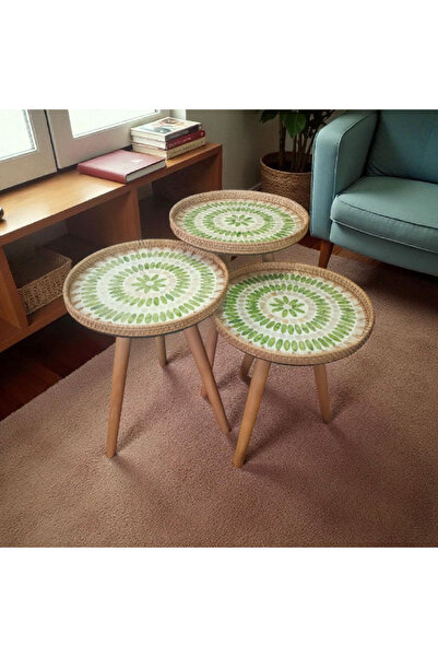 Toprak Design Üçlü ( Tabla çapı:35cm) Mozaik Kaplamalı Rattan Zigon sehpa, Bo...