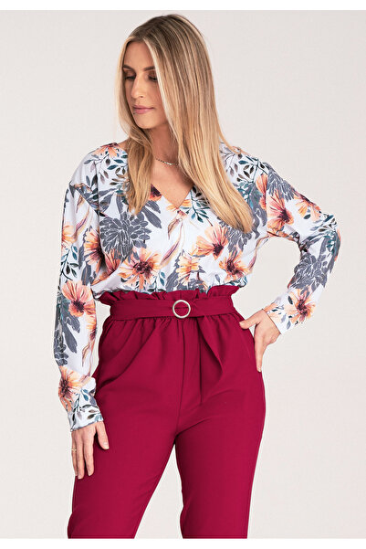 Figl Women's summer shirt - V-neck T-shirt - M1070 white with flowers size XL