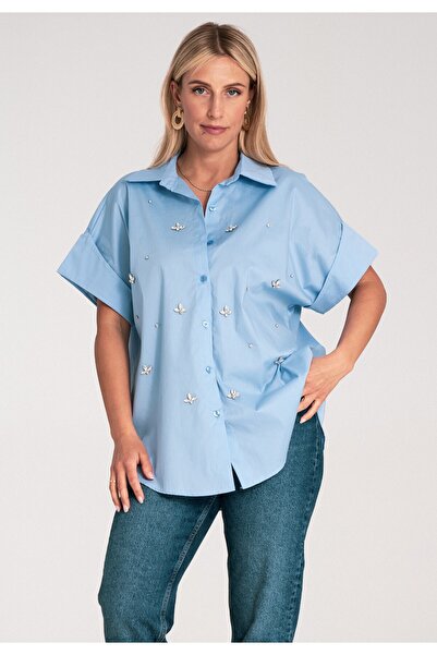 Figl Cămașă cu strasuri - Cămașă cu mânecă scurtă pentru femei - Cămașă albastră M1226 Mărimea L/XL