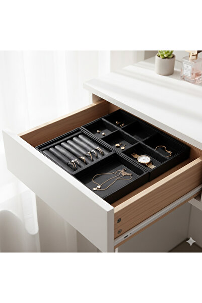 Saros Group Siyah Süet Çekmece İçi Takı ikili Organizer Seti | Yüzük, Küpe Ve Kolye Düzenleyici