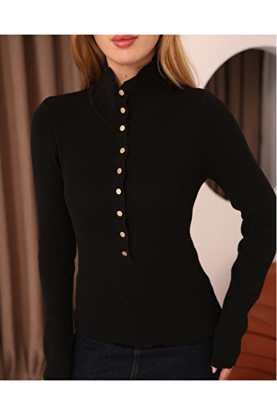 deqfashion Women's Black Mock Neck Snap Fastener Knit Sweater – Comfortable Fit, Casual Stylish Model