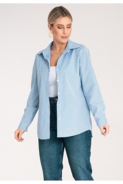 Figl Cămașă elegantă de damă - Cămașă cu dungi de damă - Cămașă albastră M1174 mărimea S/M