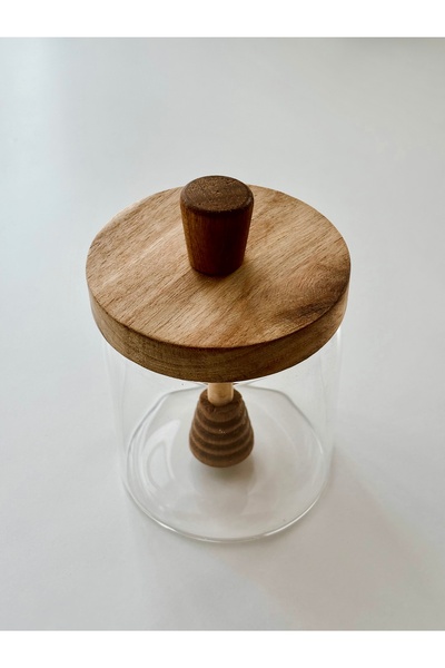 SUELF CO وعاء عسل زجاجي بغطاء من خشب السنط