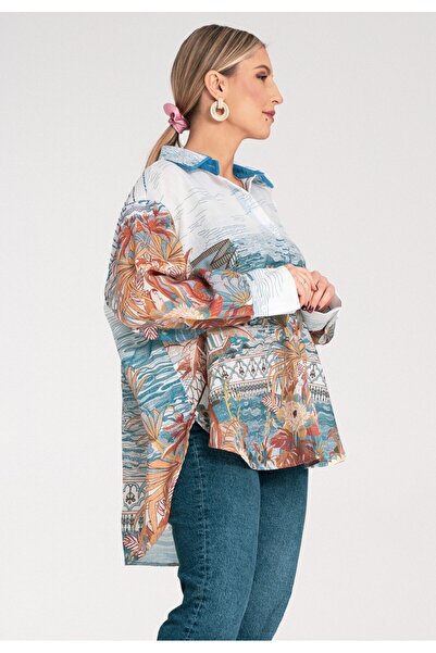 Figl Cămașă lejeră supradimensionată asimetrică albastră de damă M1146 Universal