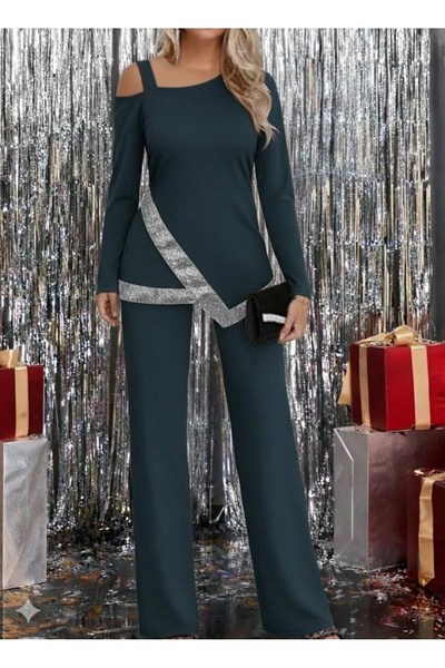 Silerra Women's One-Shoulder Open Long-Sleeved Front Sequined Imported Crepe Blouse and Pants