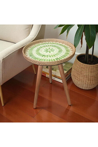 Toprak Design Tekli (Tabla çapı:35cm) Mozaik Kaplamalı Rattan Yan sehpa, Bohe...