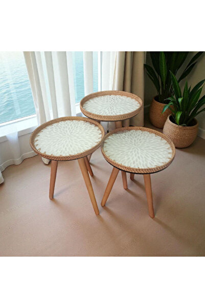 Toprak Design Üçlü (Tabla çapı:35cm) Mozaik Kaplamalı Rattan Zigon sehpa, Boh...