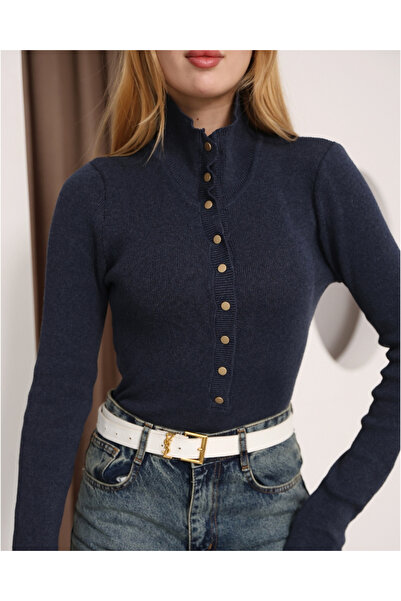 deqfashion Women's Navy Blue Mock Neck Snap Fastener Knit Sweater – Comfortable Fit, Casual Stylish Model