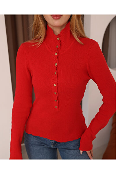 deqfashion Women's Red Mock Neck Snap Fastener Knit Sweater – Comfortable Fit, Daily Stylish Model