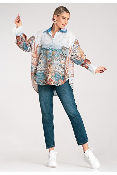 Figl Cămașă lejeră supradimensionată asimetrică albastră de damă M1146 Universal