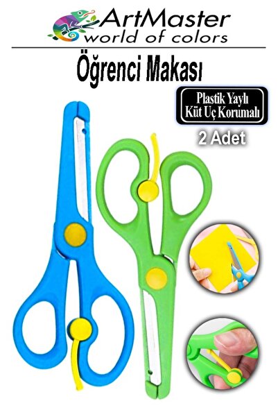 Artmaster Öğrenci Makası Mavi Yeşil Renkli 2 Adet Plastik Küt Uç Yaylı Koruma...