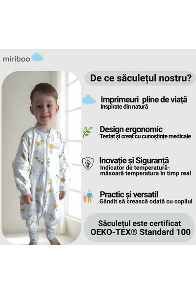 Miriboo Sleeping bag with feet 2.5-4 years, 1 TOG, 100% cotton, Temperature indicator