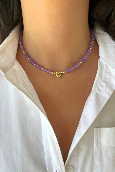 Suerte Accessories El Yapımı Ametist Doğal Taş Altın Kalp Uçlu Özel Tasarım M...