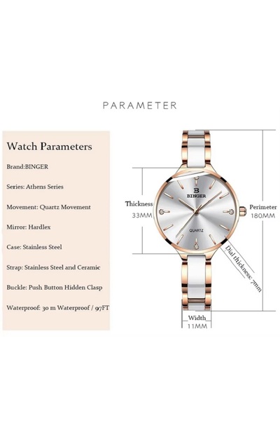 BINGER Binger Swiss Quartz Ceramic Women's Watch, Luxury Casual Brand, with Two Gift Bracelets