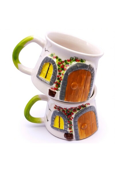 sharp&art Hand Embroidery, Embossed Pattern Country House and Mushrooms Figured Ceramic Mug Cups