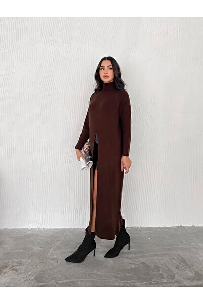 CLB COLLECTION Women's High-Necked Long Knitwear Tunic – Slit Loose Model