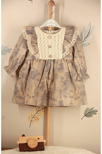 Uniq Baby Naturel Dantel İşlemeli Kız Bebek Vintage Elbise