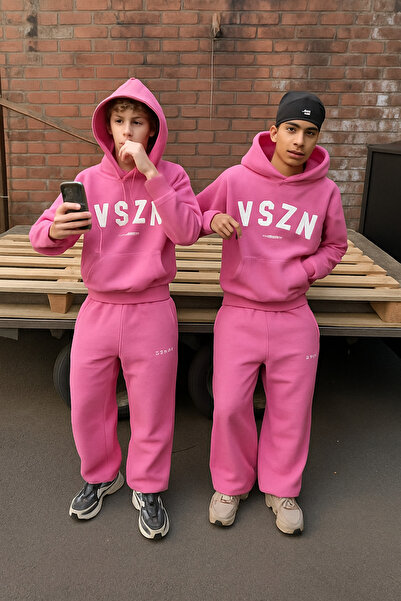 CLASSY.MODA Men's 3 Thread K Hooded Kangaroo Pocket Vszn Letter B Printed Tracksuit Set Relaxed Fit