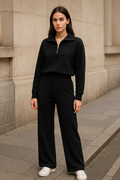 Moda Banuş Half Zipper Thessaloniki Fabric Wide Leg Black Tracksuit Set