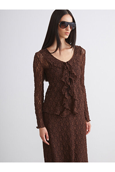 LC Waikiki Soulife Black Lace-Up Collar Lace-Like Knit Lace Women's Cardigan