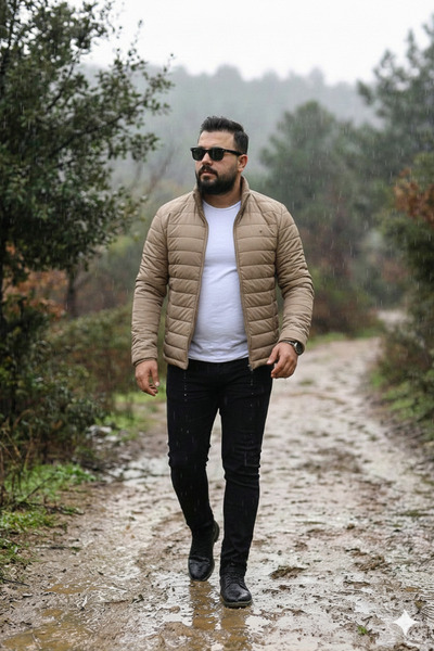 MEYASU Men's Beige Quilted down Jacket with Zippered Inner Pocket