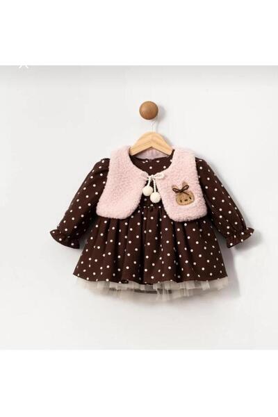 Butik KIZ BEBEK POLAR YELEKLİ PAMUKLU PUANTİYELİ ELBİSE ÖZEL TASARIM PAMUK AS...