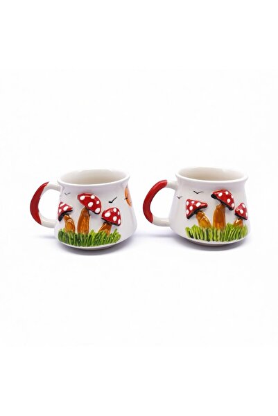 sharp&art Hand Embroidery, Embossed Pattern Country House and Mushrooms Figured Ceramic Mug Cups