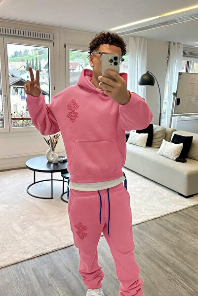 CLASSY.MODA Ανδρικό σετ αθλητικών φορμών με με κουκούλα κλωστές K με τύπωμα Kangaroo Pocket Geometric B, άνετο και με καλή εφαρμογή