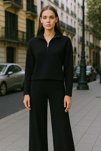 Moda Banuş Half Zipper Thessaloniki Fabric Wide Leg Black Tracksuit Set