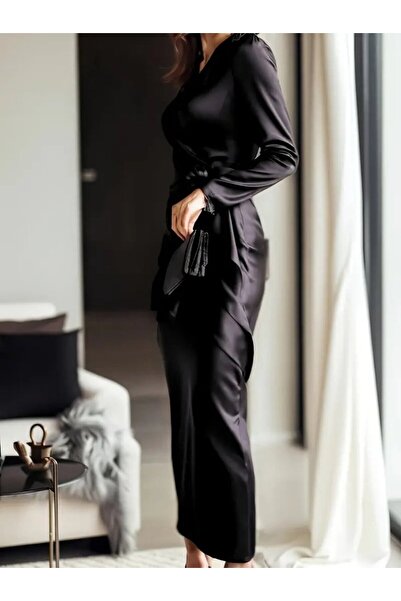 JANES Women's Long Sleeve Double-Breasted Collar Belted Waist Long Satin Dress