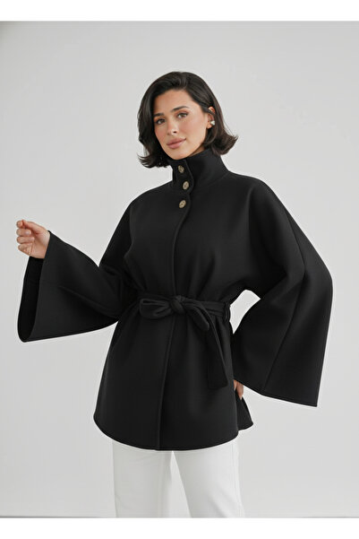 SETA FASHION Kuşaklı Kaşe Panço Kaban | Geniş Kol Dik Yaka Pelerin Ceket