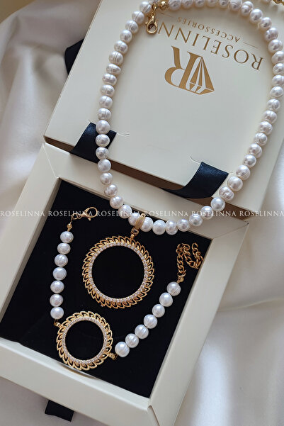 ROSELİNNA Tam Altın Çerçeveli Gerçek İnci Kolye, Çeyrekli Bileklik Set | Güne...