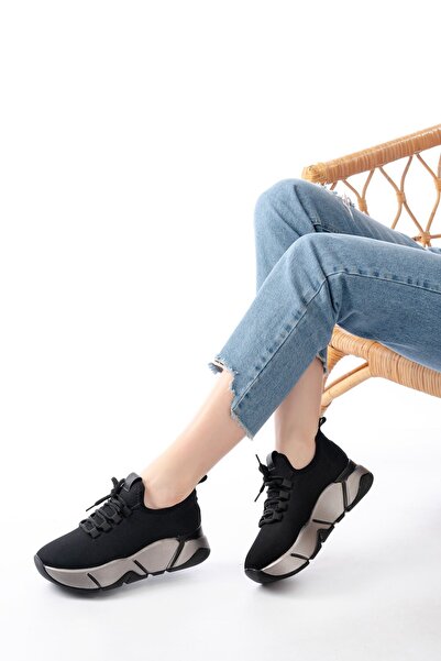 Zerenyus Zri̇n-400 Premium Black Lace-Up Knitwear Colorful Sole Women's Sneaker