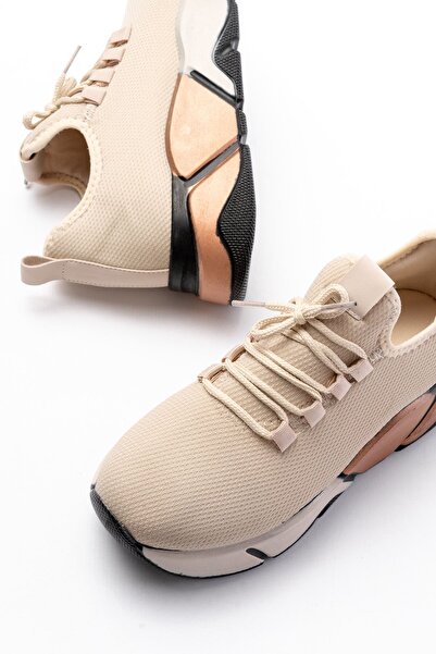 Zerenyus Zri̇n-400 Premium Beige Lace-Up Knitwear Colorful Sole Women's Sneaker