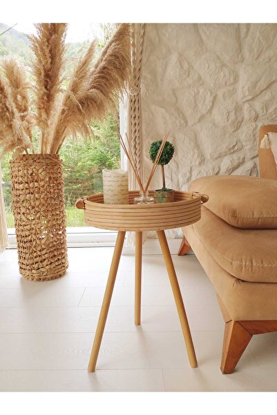 Toprak Design Bambu ( tabla çapı:35cm) Bohem Yan sehpa, Bohem Ahşap tasarım Z...