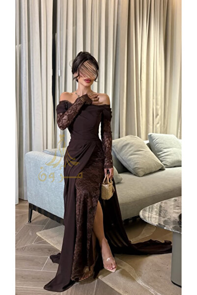 MEZON FASHION Brown chiffon evening dress with lace sleeves