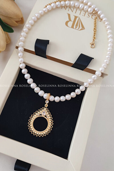 ROSELİNNA Gerçek İncili Çeyrek Altın Çerçeveli Kolye, Gerçek İnci Kolye, Çeyr...