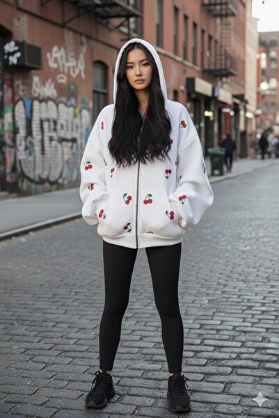 blausee wear LiyAdaCo supradimensionat Cherry cu imprimeu Alb cu fermoar cu g...