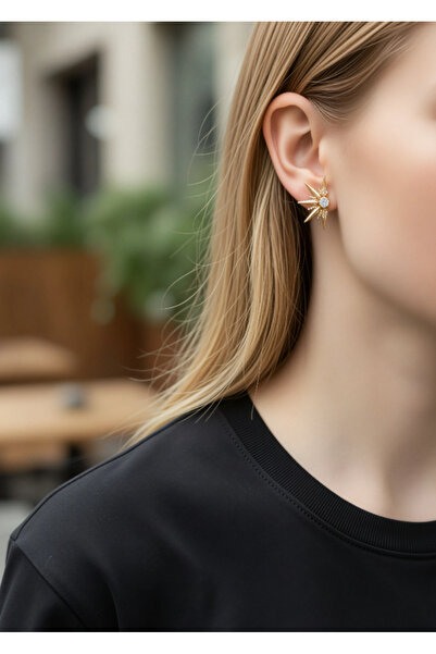 RÜZGARBİJÜTERİ أقراط زركون ستون ستار لايت – أقراط نسائية لامعة بلون ذهبي – مو...