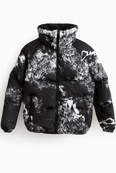 FREZZBİ Men's Lined Water and Windproof Hooded Printed Puffer Jacket
