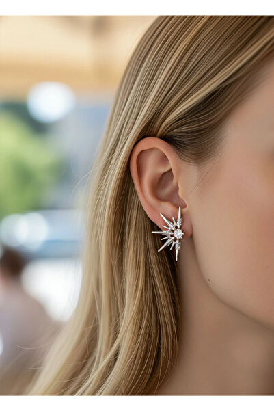 RÜZGARBİJÜTERİ أقراط زيركون ستون ستار لايت – أقراط نسائية لامعة باللون الفضي ...