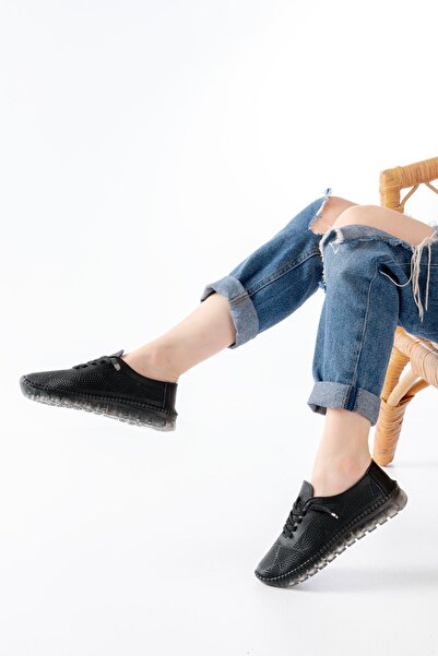 Zerenyus Zri̇n-365 Black Patterned Genuine Leather Full Orthopedic Comfort Sports Ballet Flats