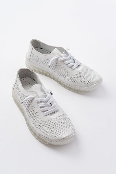 Zerenyus Zri̇n-365 White Patterned Genuine Leather Full Orthopedic Comfort Sports Ballet Flats